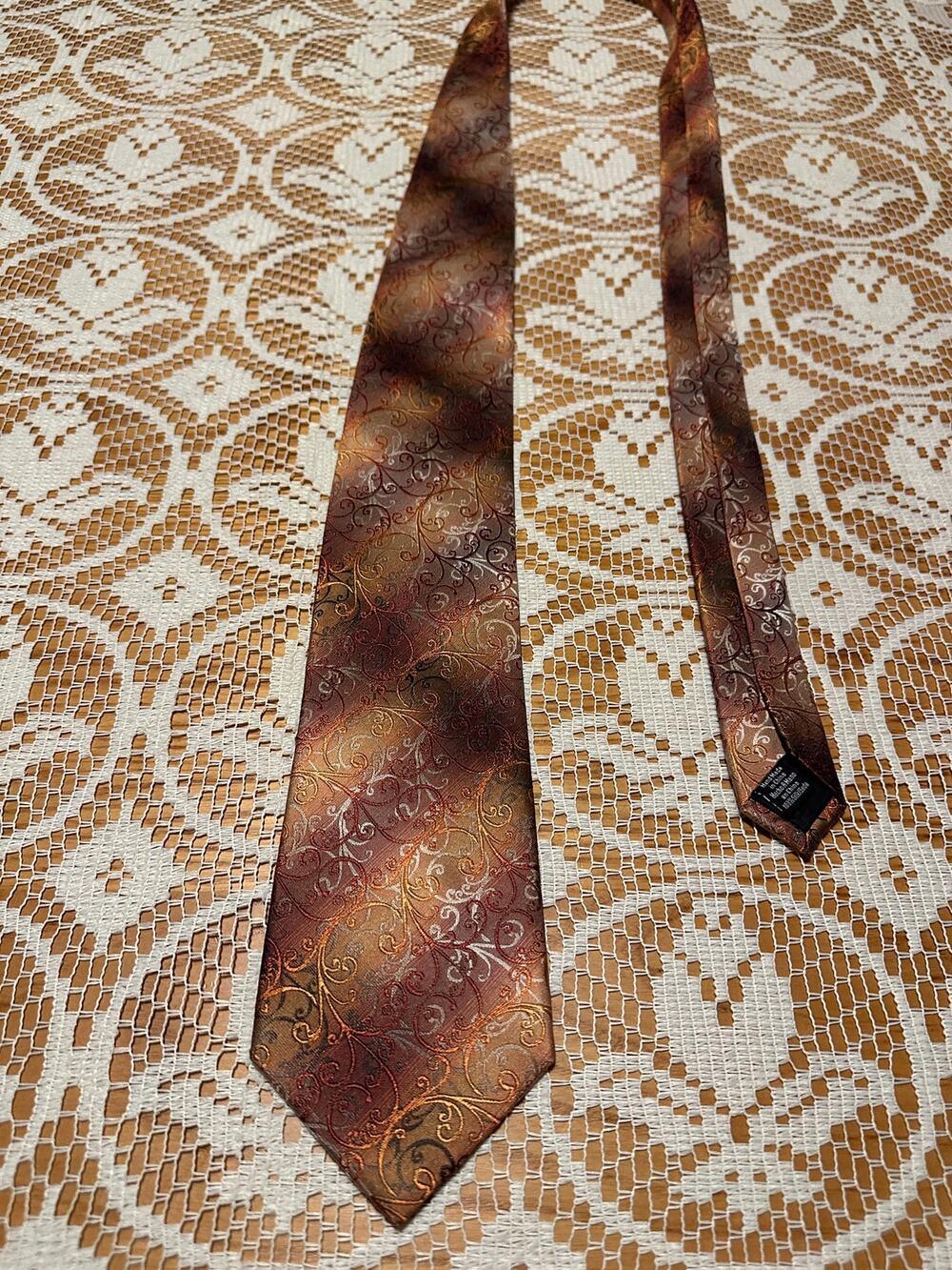 Van Heusen Mens 100% Silk Tie Brown Bronze Orange Baroque Swirl Jacquard